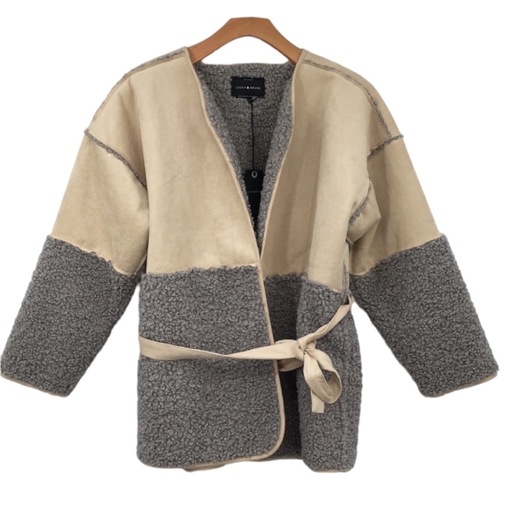 Lucky Brand Jacket Womens Large Cream Gray Mixed Sherpa Microsuede Coat‎